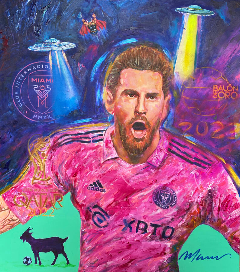 Messi · Neo Pop Collection · Acrylic and Mixed Media on Canvas · Marcos Ribadeneira Neo Pop art acrylic mixed media · Marcos Ribadeneira · MRS Artist · Houston